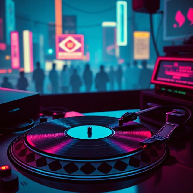 Imagem de toca-discos ao estilo dos 80s, com neon, tons de azul ou rosa, paisagens urbanas noturnas e referências synthpop.