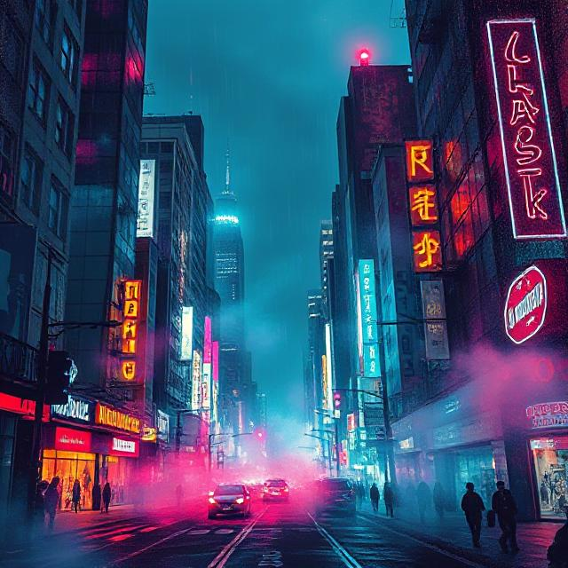 An image of a metropole in the night, with neons signals, ad city lights fog, etc.