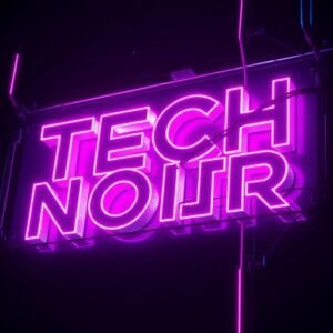 Tech Noir: Ilustração de um sinal de neon luminoso, com estética synthwave;