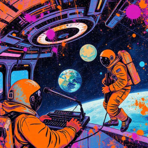 Uma banda de astronautas tocando no espaço, e fazendo transmissão à Terra.