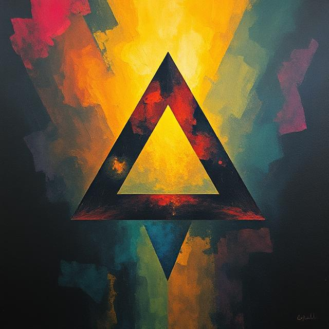 Imagem criada por Inteligência Artificial, de um triangulo flutuando na escuridão, inspirado no espírito geral do filme O Demônio de Neon.