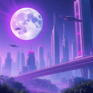 Retrofuturismo: Uma cidade do futuro como imaginada antigamente, com grandes viadutos e arranha-céus.