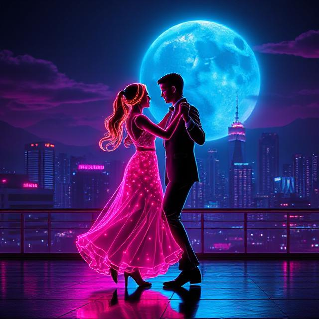 Amor Passado: Um casal dançando valsa, em uma noite de luar, numa playlist synthwave, com uma cidade ao fundo.