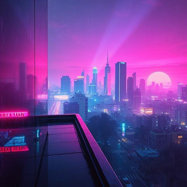 Image: a neon-lit cityscape viewed from a rooftop at night.