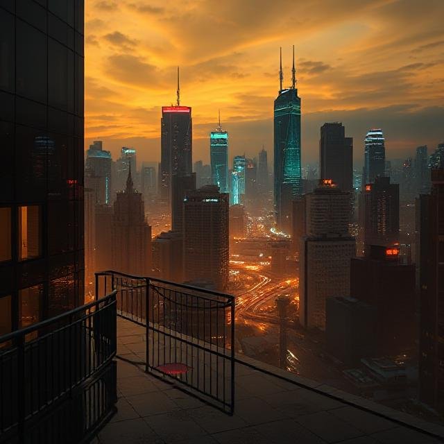 Uma cidade cheia de edifícios, em tons synthwave, vista de um telhado, à noite.