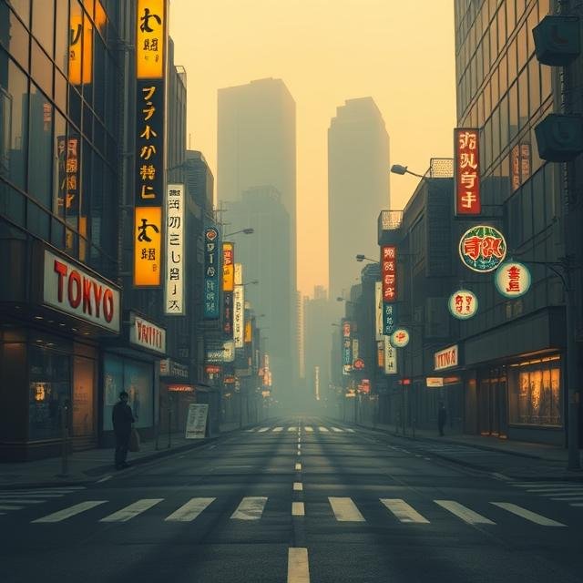 Uma rua da Cidade semivazia, de manhã, envolta em neblina,  vista de um ângulo frontal